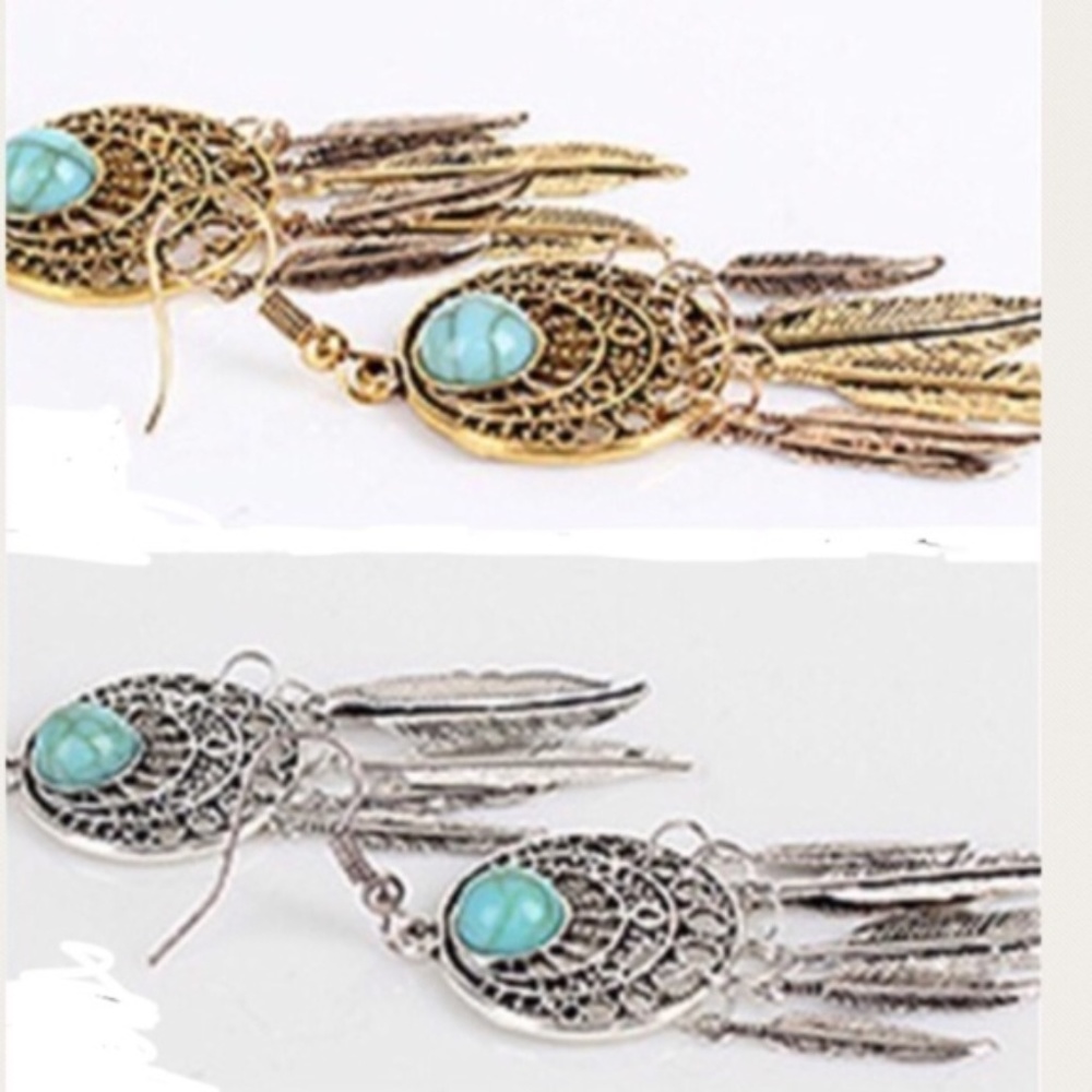 Dream Catcher Turquoise Dangle Earrings (Gold)